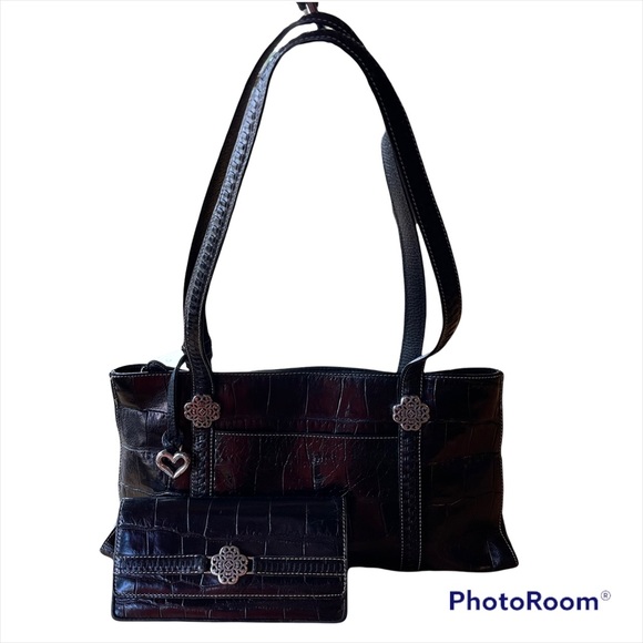 Brighton Handbags - Brighton Crocodile Embossed Leather Shoulder Bag Tote with Matching Wallet